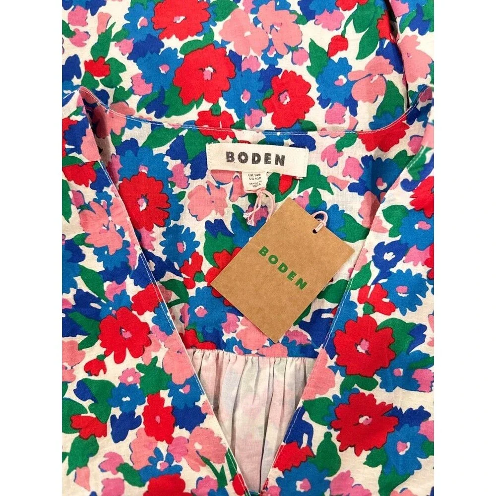 NEW Boden Midi Dress Pink Lillian Cotton Floral V Neck Puff Sleeve Boho US 10